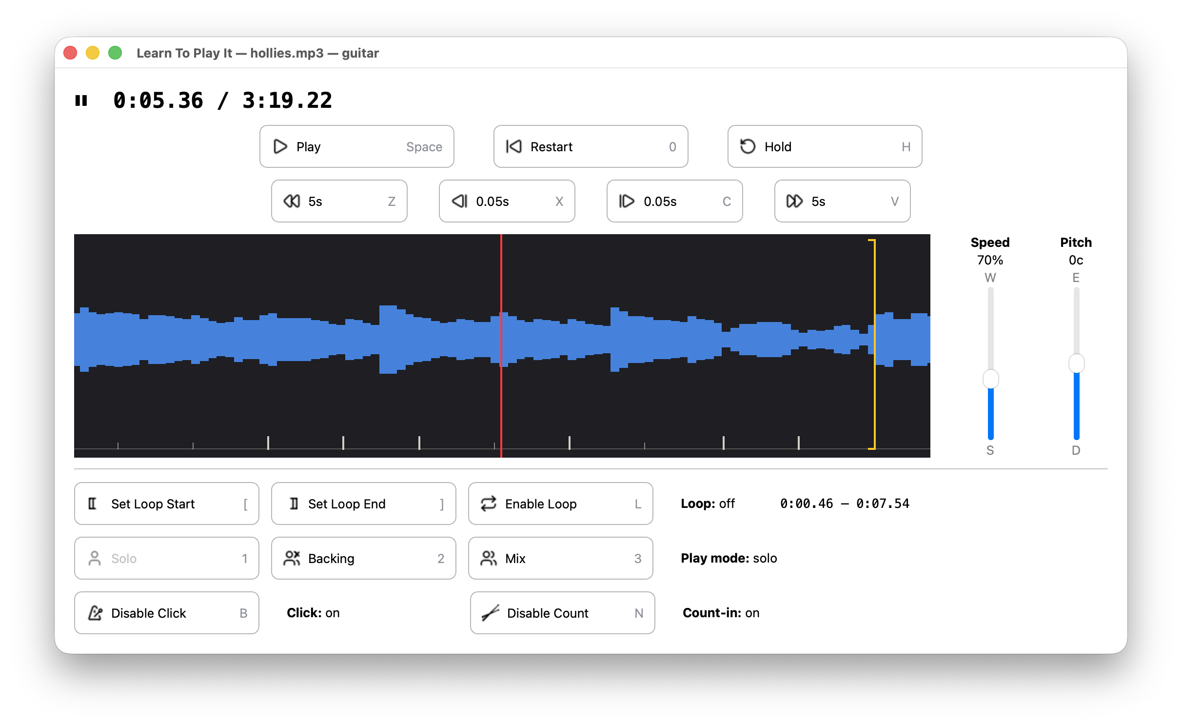 Learn To Play It interface, showing a waveform with playback controls