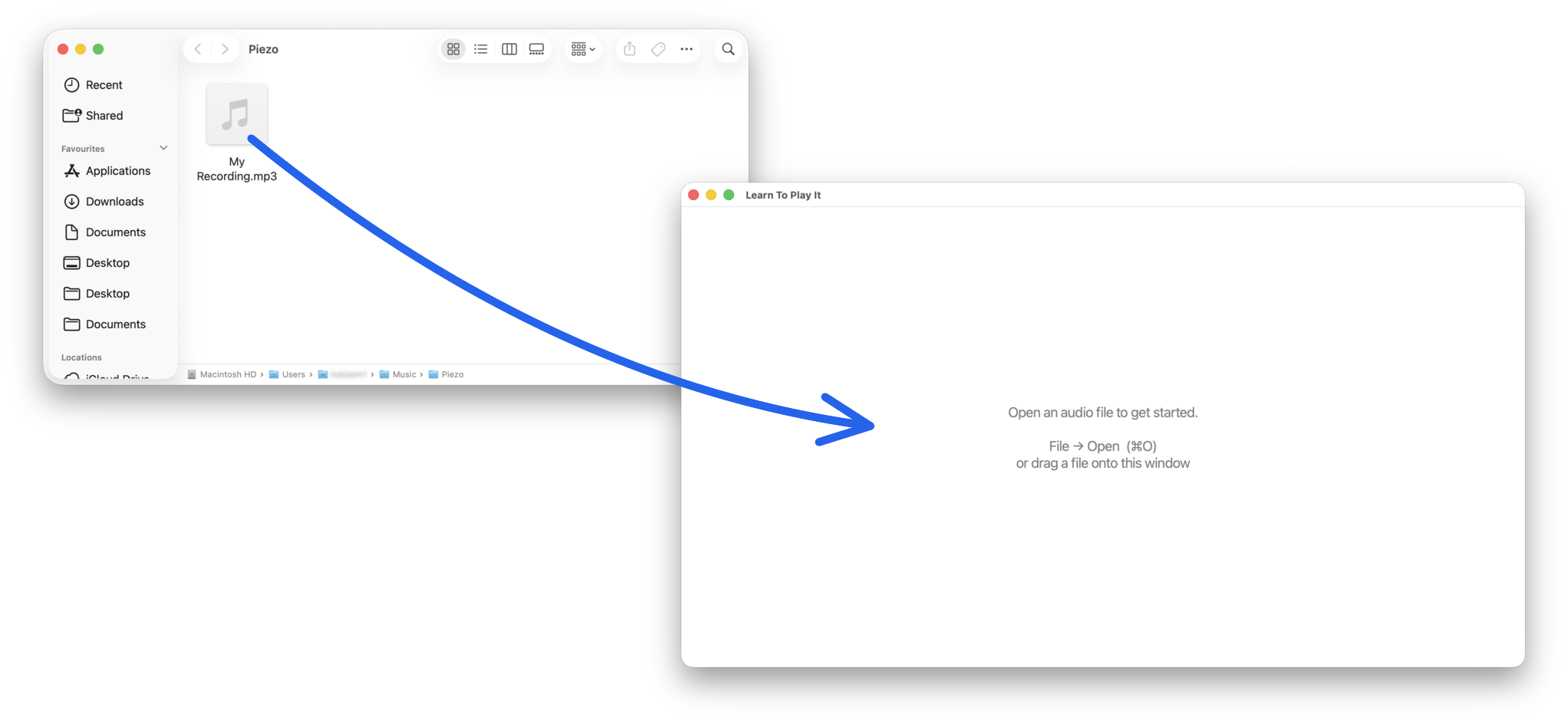 Drag a recording from Finder onto the Learn To Play It window
