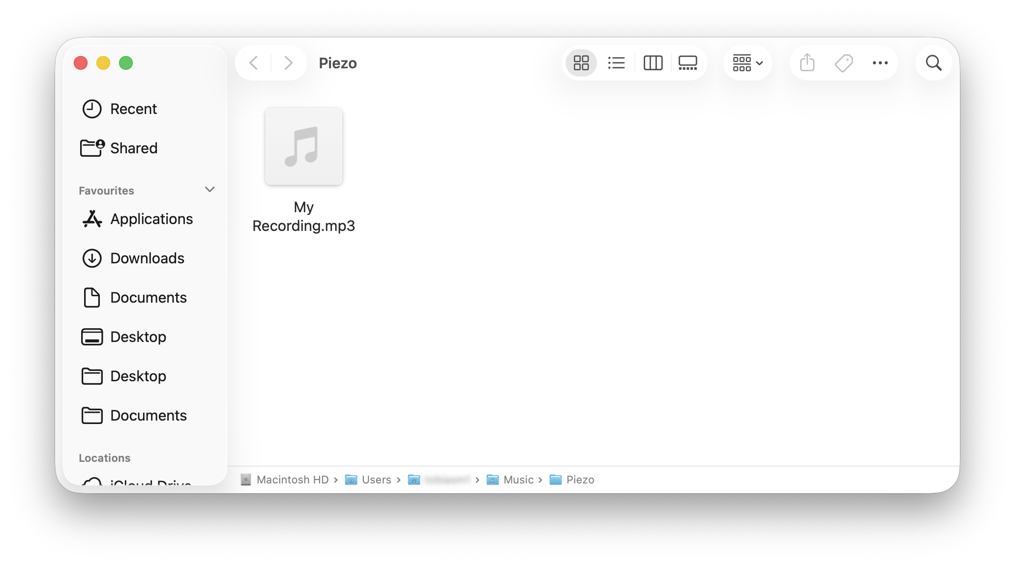 Finder window showing My Recording.mp3 in the Piezo folder