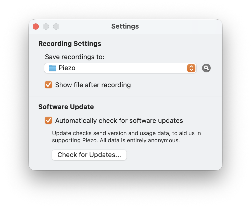 Piezo Settings panel with 'Show file after recording' ticked